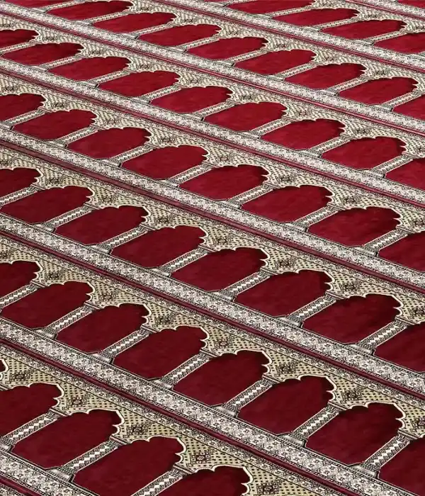 red mosque carpets with traditional Islamic patterns for large prayer spaces in Dubai.